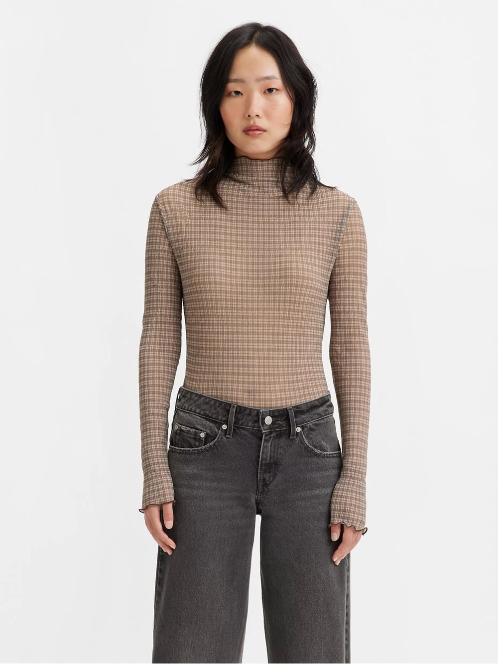 Levi’s Womens Lettuce Edge Second Skin Long Sleeve MockNeck Plaid Top Size Large